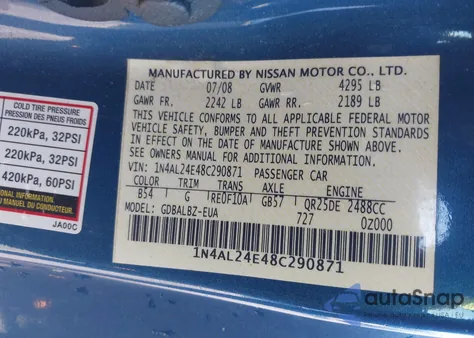 2008 Nissan Altima 2.5 S z USA, uszkodzony, nr VIN 1N4AL24E48C290871